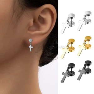Stainless Steel Silver Gold Black Dangle Cross Women Men Screw Stud Earrings 2x - Picture 1 of 30