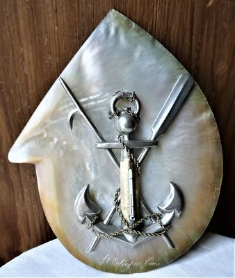 Souvenir ancien de St Valéry en Caux/Thermomètre coquillage nacre/Marine/Ancre - Photo 1/4