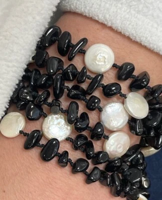 PULSERA SAJEN MOPA DE ÓNIX NEGRO DISCO DE PERLAS MADRE CON CUENTAS ATADA A MANO MULTI PIEDRAS PRECIOSAS Foto 1 de 2