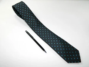 Men's Bar III Silk NECKTIE Tie SKINNY NARROW BLACK POLKA DOTS BLUE AQUA SLIM - Picture 1 of 3