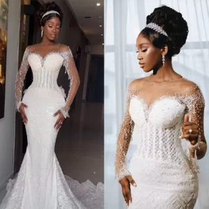Classic Mermaid Wedding Dress Beaded Sequins O Neck Long Sleeve Bride Gowns - Picture 1 of 9