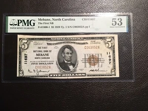5.00 1929 National BN Mebane North Carolina PMG 53 about uncirculated stained - Picture 1 of 3