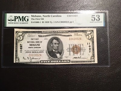5.00 1929 National BN Mebane North Carolina PMG 53 about uncirculated stained  - Image 1 of 3