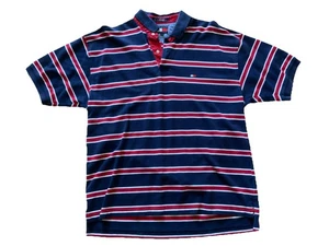 VTG Tommy Hilfiger Mens Large Striped Polo Shirt Red White Navy Embroidered Flag - Picture 1 of 6
