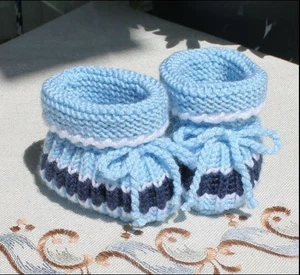 Babyschuhe gestrickt Stricksocken Erstlinge blau Jungen Neu Geschenk Taufe Baby - Bild 1 von 6