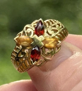 GOLD Plt/STERLING SILVER CROSS RING REAL GEMS Sz8 See DETAILS - Picture 1 of 10