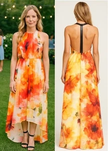 Alice + Olivia Ryan High Neck Leather T Back Maxi Dress Size 12 Floral High Low - Picture 1 of 13