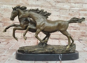Thoroughbred Two Running Horses Equestrian Western Art Bronze Marble Statue - Picture 1 of 10