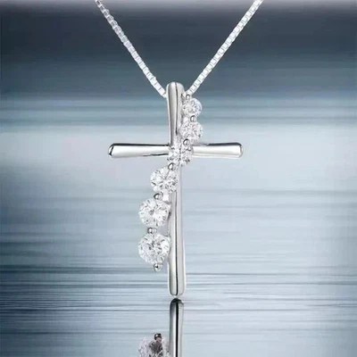 Real Moissanite 2.50Ct Round Cut Women's Cross Pendant 14K White Gold Plated - Image 1 of 4