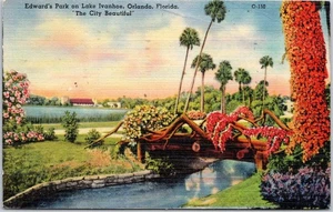 Vintage Edward's Park Lake Ivanhoe Orlando FL Leinen Postkarte O-150 - Bild 1 von 2