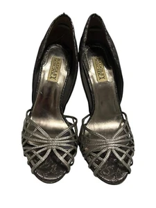 Zapatos de tacón Badgley Mischka Spencer negros grises punta abierta talla 7,5 - Imagen 1 de 8