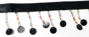 Beaded Fringes MultiColor Ombre Glass Beads Black Round Paillettes Satin-1 Yard - Picture 1 of 3