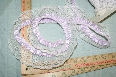 Satin Double Ruffled Lace Trim White & Lilac 2 Yard  x 2 Inches Sewing Craft - Image 1 of 3