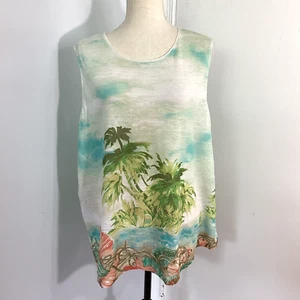 J.JILL LOVE LINEN PLUS 2X TANK TOP ARTSY HAWAIIEN BEACH PALMS OCEAN VACAY - Picture 1 of 9