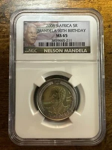 2008 South Africa 5 Rand Nelson Mandela's 90th Birthday Coin NGC MS65 - Picture 1 of 2