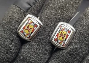 Pair of Sterling 925 Silver Cufflinks - Queen of Hearts Playing Cards - Picture 1 of 8