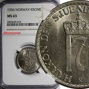 NORWAY Haakon VII Copper-Nickel 1956 Krone NGC MS63 Thick Border KM# 397.2 (018) - Picture 1 of 5