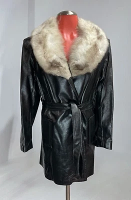 VTG 70's Altman of Dallas Black leather belted coat fox fur collar M Luxury - Image 1 of 4