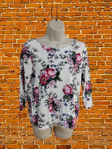 WOMENS LAURA ASHLEY SIZE UK 12 WHITE FLORAL MIX CREW NECK T-SHIRT TOP 3/4 SLEEVE - Picture 1 of 5
