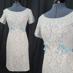 Vintage hellblau Satin unter cremeweiß Spitze tailliert Kleid Gr. XXS? - Bild 1 von 22