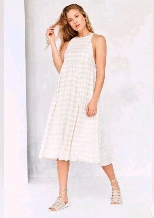 Vestido KIMCHI AZUL Talla S Guinga Blanco Beige A Cuadros Lino Algodón Delantal Broches de presión Foto 1 de 4