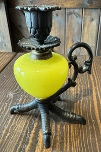 ANTIQUE IRON YELLOW GLASS BIRD CLAW CANDLE HOLDER GOTHIC - Picture 1 of 7