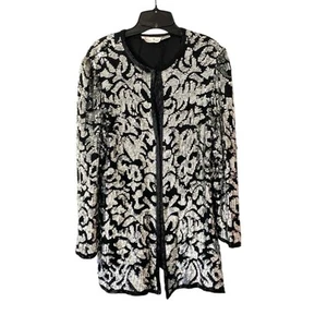 Vintage Laurence Kazar Silver Sequin Silk Black Evening Blazer Jacket size XL - Picture 1 of 8