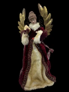 Vintage 16” Angel Tree Topper – Porcelain Head Hands, Red Velvet, Gold Wings - Picture 1 of 17