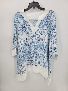Túnica Positiamo Mujer Talla Única Azul Blanco Elegante Paisley Lino Hecha en Italia - Imagen 1 de 10
