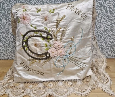 Antique WW1 era souvenir de France cushion cover silk ribbonwork hand embroidery - Image 1 of 4