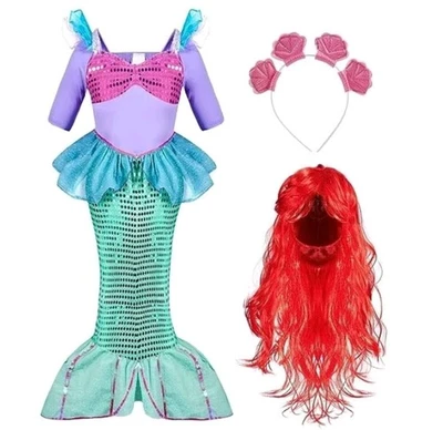 Девочек русалки костюм, блестками платье, парик, подкладка обруч для волос, размер 3T - Изображение 1 из 4