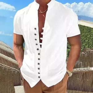 Men Henley Button Up Shirts Solid Linen Hippie Beach Collarless Long Sleeve - Picture 1 of 15