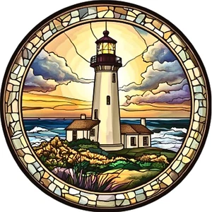 Nautical Lighthouse with Stained Glass Look Wreath Attachment, Sign, Door Hanger - Picture 1 of 4