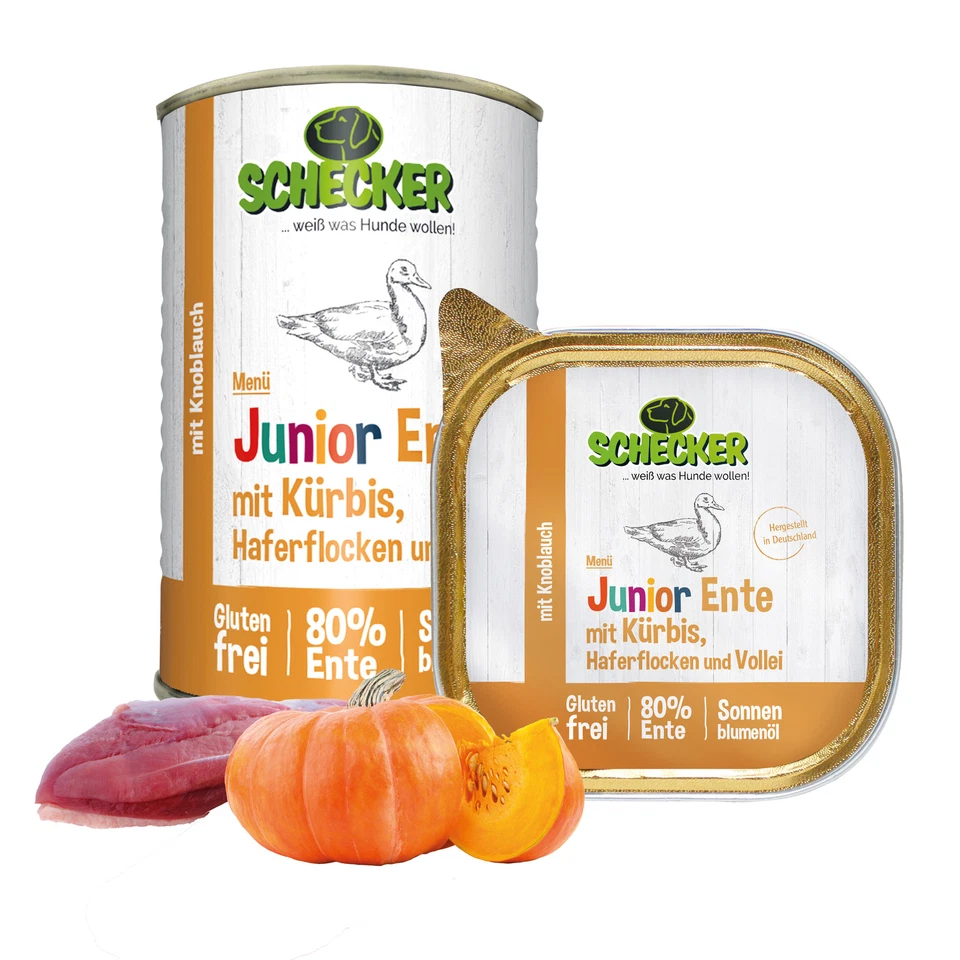 Schecker Nassfutter - Junior Ente mit Kürbis, Haferflocken - Welpe -  12  x 410g - Bild 1 von 4