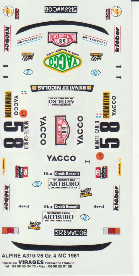DECAL 1/43 - ALPINE A310 Gr4 - MONTE-CARLO 1981 - Image 1 of 1