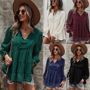 Autumn Winter Women Fashion Sexy V-Neck Long Sleeve Tops Ladies Slim Solid Shirt - Picture 1 of 13