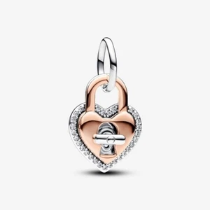 *BRAND NEW* Pandora CZ Twistable Heart Padlock Double Dangle Charm 783079C01 - Picture 1 of 4