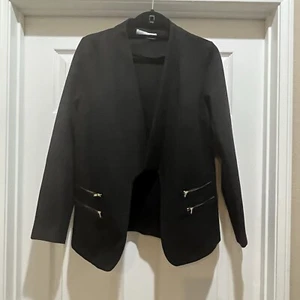 Mari Petite Medium Women's Black Blazer Jacket Open Front Gold Zip Detail Pocket - Picture 1 of 5