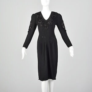 XS 1980 pull tricoté noir robe soutache manches longues taille princesse années 80 vintage