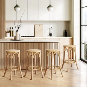 Oikiture Set of 4 Bar Stools Kitchen Vintage Dining Chair Rattan Seat Natural - Picture 1 of 10