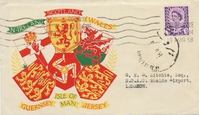 GB 1958 QEII Wales 3d (Second Class Airmail Zone A) FDC to BEYROUTH, Lebanon - Image 1 of 3