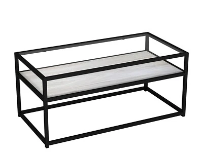 2 Tier Coffee Table White Ash with Storage Glass Top Shelf Metal Frame 3.3Ft - Image 1 of 3