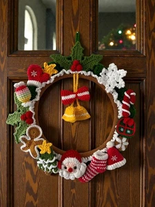Handmade Crochet Christmas Wreath, Festive Door Hanger, Amigurumi Xmas Decor - Picture 1 of 4