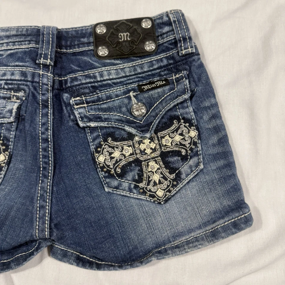 Pantalones Cortos de Jean Miss Me Niñas Talla 14 Azul Denim Cruz JK5046H10 Adornados Foto 1 de 4