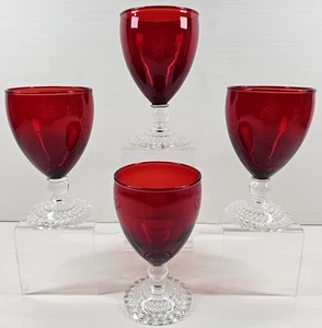 4 Anchor Hocking Bubble Foot Ruby Water Goblets Set Vintage Red Stemware MCM Lot - Picture 1 of 24