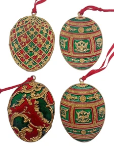 4 Faberge Inspired Egg Design Green Red Heavy Enameled Christmas Tree Ornaments - Bild 1 von 9