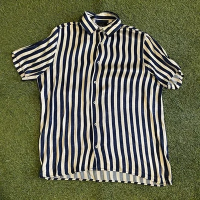Zara Button Up Shirt Striped Blue White Mens M Regular Fit Silky Short Sleeve - Image 1 of 4