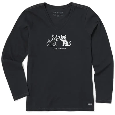Life is Good. Women's High Five Cats Long Sleeve Crusher-LITE Vee, Faded Black - Image 1 of 2