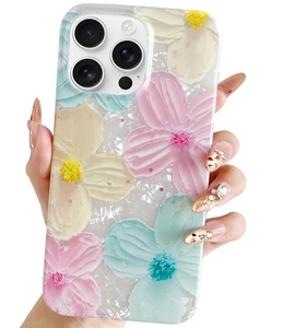 Stoßfeste iPhone 15 Plus 6,7" Hülle Pastell Blumen mit Perlen Handy Handgelenktasche - Bild 1 von 2