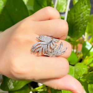 One Size Fits White Gold Plated CZ Long Feather Finger Ring Fashion Jewellery - Bild 1 von 9